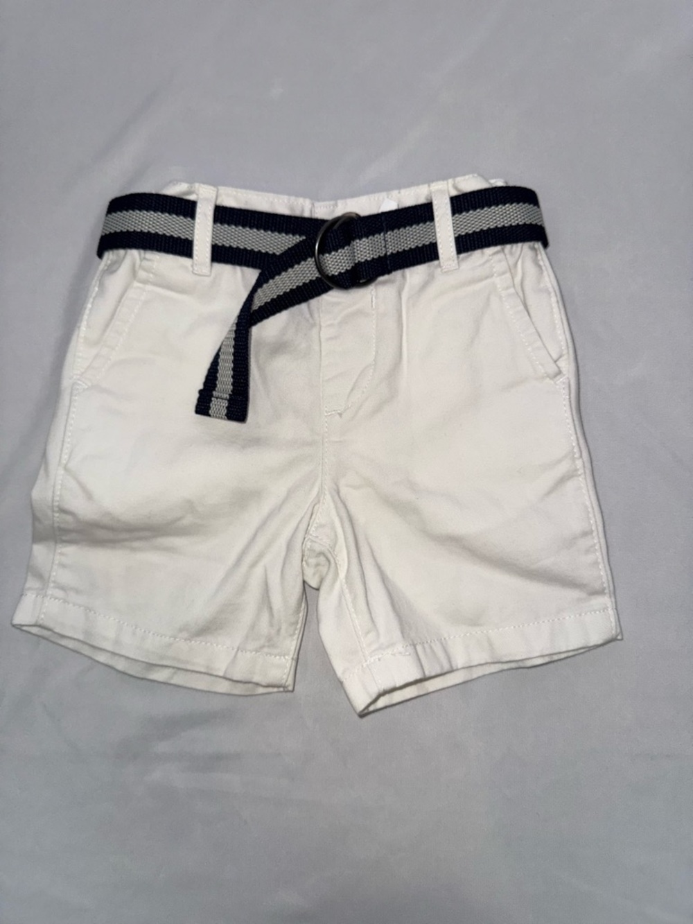 The Children's Place White Shorts with Navy & Gray Stripe Belt
